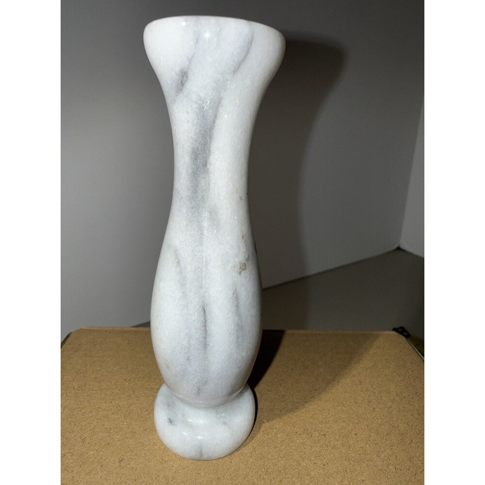 VTG. 5 inch Hand Polished Hourglass Marble Vase With Natural Gray Veining. Italy